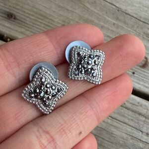 Monet Stud Earrings Womens Silver Tone Black Rhinestone Quatrefoil Diamond Shape